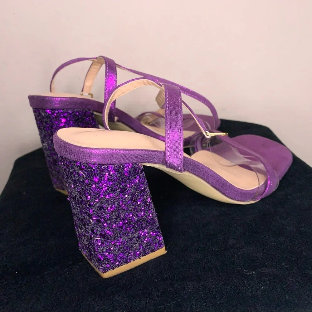 Y2K Era Size 6 Purple Glitter Chunky Heel Shoes Party Event Prom Square Toe